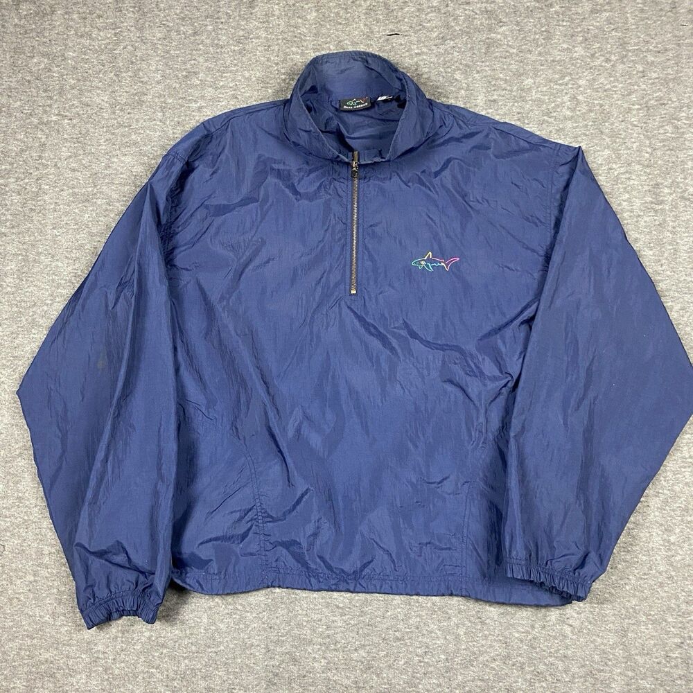 Greg Norman Mens XL Blue Nylon Windbreaker Jacket 1/4 Zip Logo Stand-Up READ